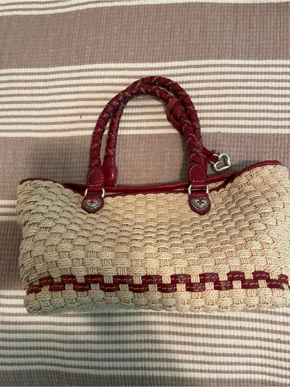 Brighton Straw Tote with Red Trim and Braided Handles